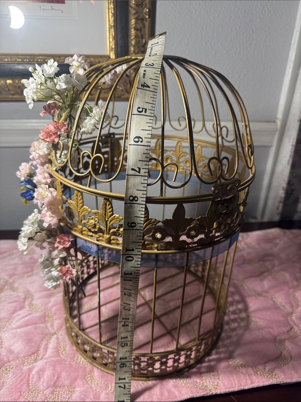 Ornate Gold Decorative Birdcage with Blue Ribbon Accent - Picture 3 of 5